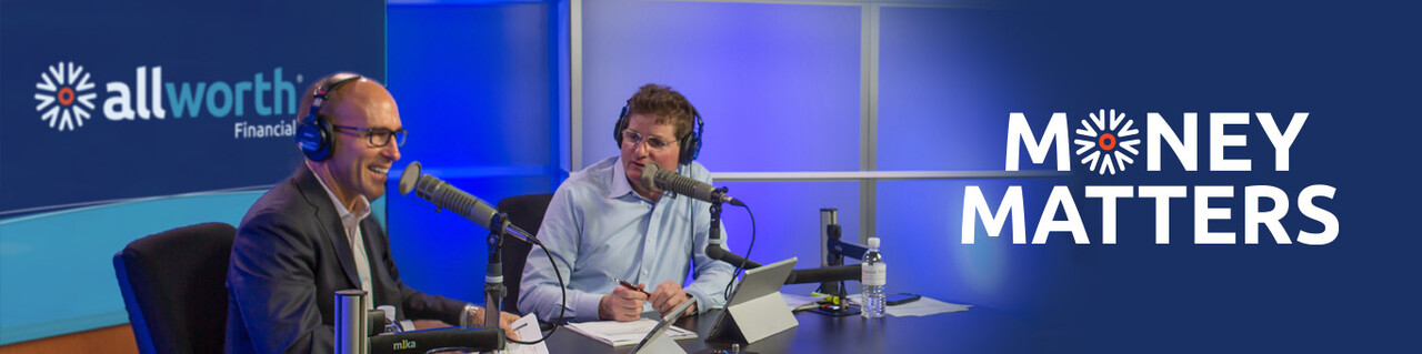 Money Matters hosts Scott Hanson and Pat McClain sitting in the studio, speaking into microphones to record an episode
